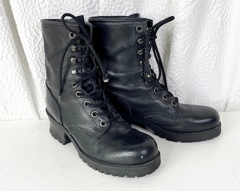 Vintage 90s Y2K Black Leather Nine West Platform Combat Boots, Vintage Combat Boots, Vintage Black Combat Boots, Destry Boots, Size 9