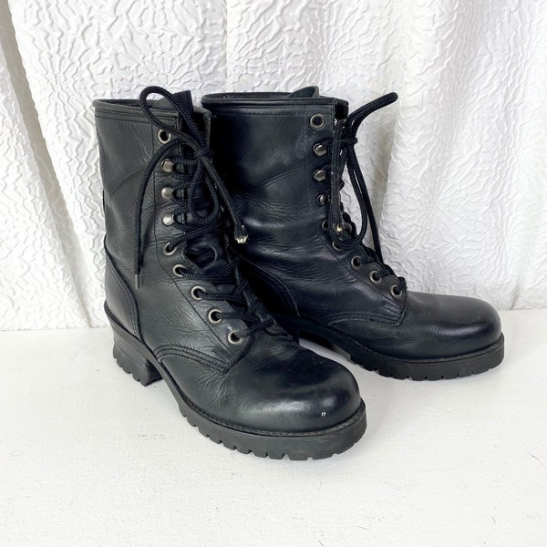 Vintage 90s Y2K Black Leather Nine West Platform Combat Boots, Vintage Combat Boots, Vintage Black Combat Boots, Destry Boots, Size 9