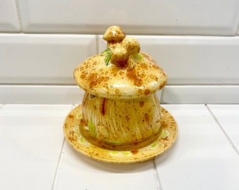 Vintage Ceramic Mushroom Bowl with Lid and Plate, 1960s Handmade Decor