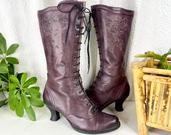 Vintage Purple Victorian Style Lace Up Leather Boots, Vintage Amethyst Victorian Heeled Boots, Steampunk Boots, Granny Boots, Size 9