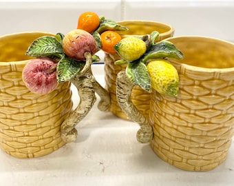 Vintage Basket Weave Fruit Mugs, Vintage Fruit Decor, Made in Japan, Set of 3 Vintage Mugs