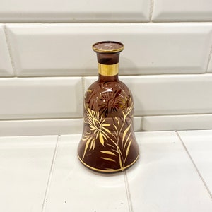Jarrón vintage de hoja de oro púrpura amatista pintado a mano, vidrio de arte vintage, vidrio de arte atómico, jarrón de brote púrpura, vidrio de arte moderno de mediados de siglo,