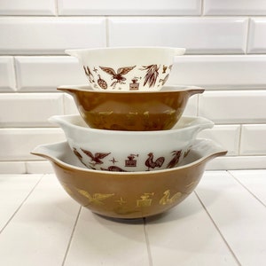 Vintage 1960s Pyrex Early American Mixing Bowl Set, Cinderella Nesting Mixing Bowls, Gold Pyrex, Brown Pyrex, Cinderella Pyrex, Set of 4