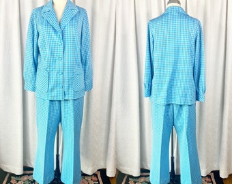 Vintage 1960s Polyester Blue Plaid Leisure Suit, 1970s Pant Suit, Vintage Leisure Suit, Mod Pant Suit, Size Large