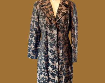 Gabardina de brocado vintage, diseño floral metalizado cobre negro, talla 12
