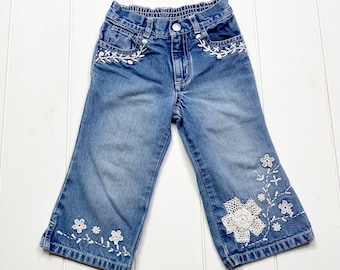 Vintage Flare Jeans with Lace Embroidery, Vintage Bell Bottoms, Y2K Flare Jeans, Vintage Hippie Jeans, Vintage Flare Leg Jeans, Size 2T