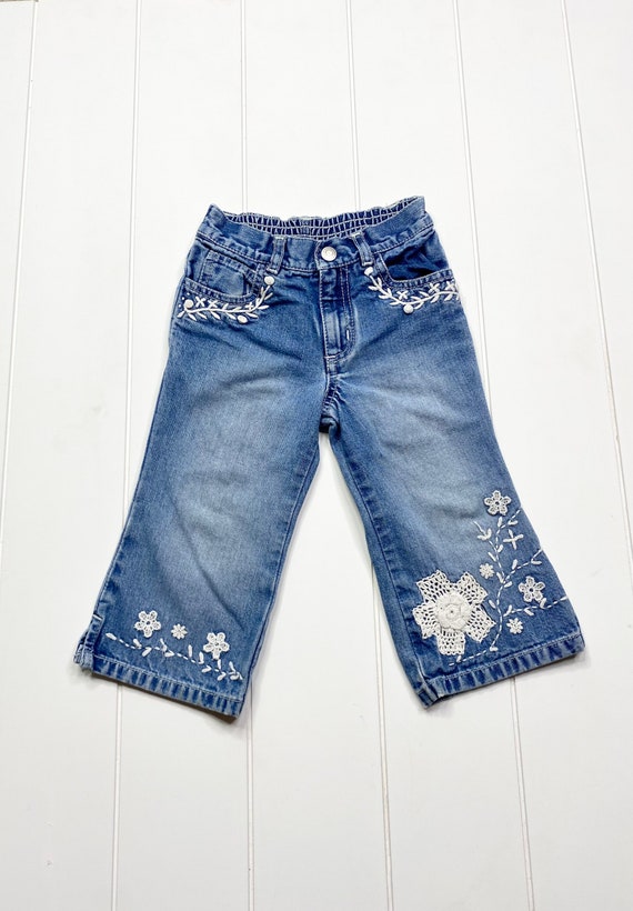 Vintage Flare Jeans with Lace Embroidery, Vintage… - image 1