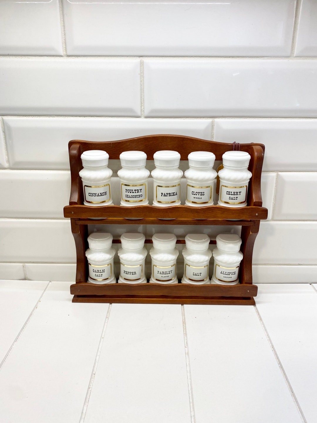 Vintage Wooden 2-Tier Spice Rack With 6 Milk Glass Spice Jars 10 1/2 H x  7 W