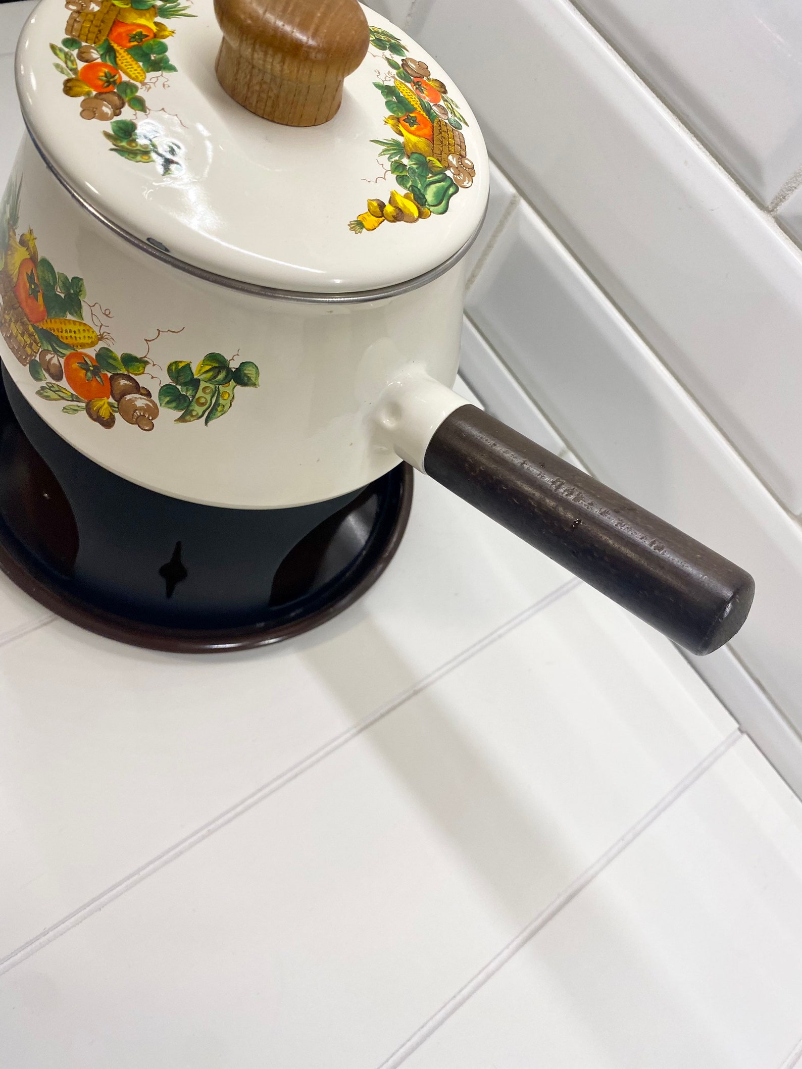 Vintage Vegetable Mushroom Enamel Fondue Pot 1970s Kitchen Etsy