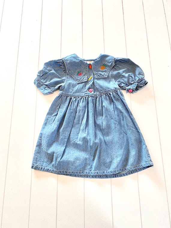 Vintage Chambray Fruit Dress, Embroidered Collar (Size 2/3T)