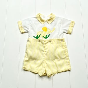 Vintage Jayne Copeland Yellow Stripe Elephant Romper, Vintage Jon Jon, 18 Month Romper, First Birthday Outfit