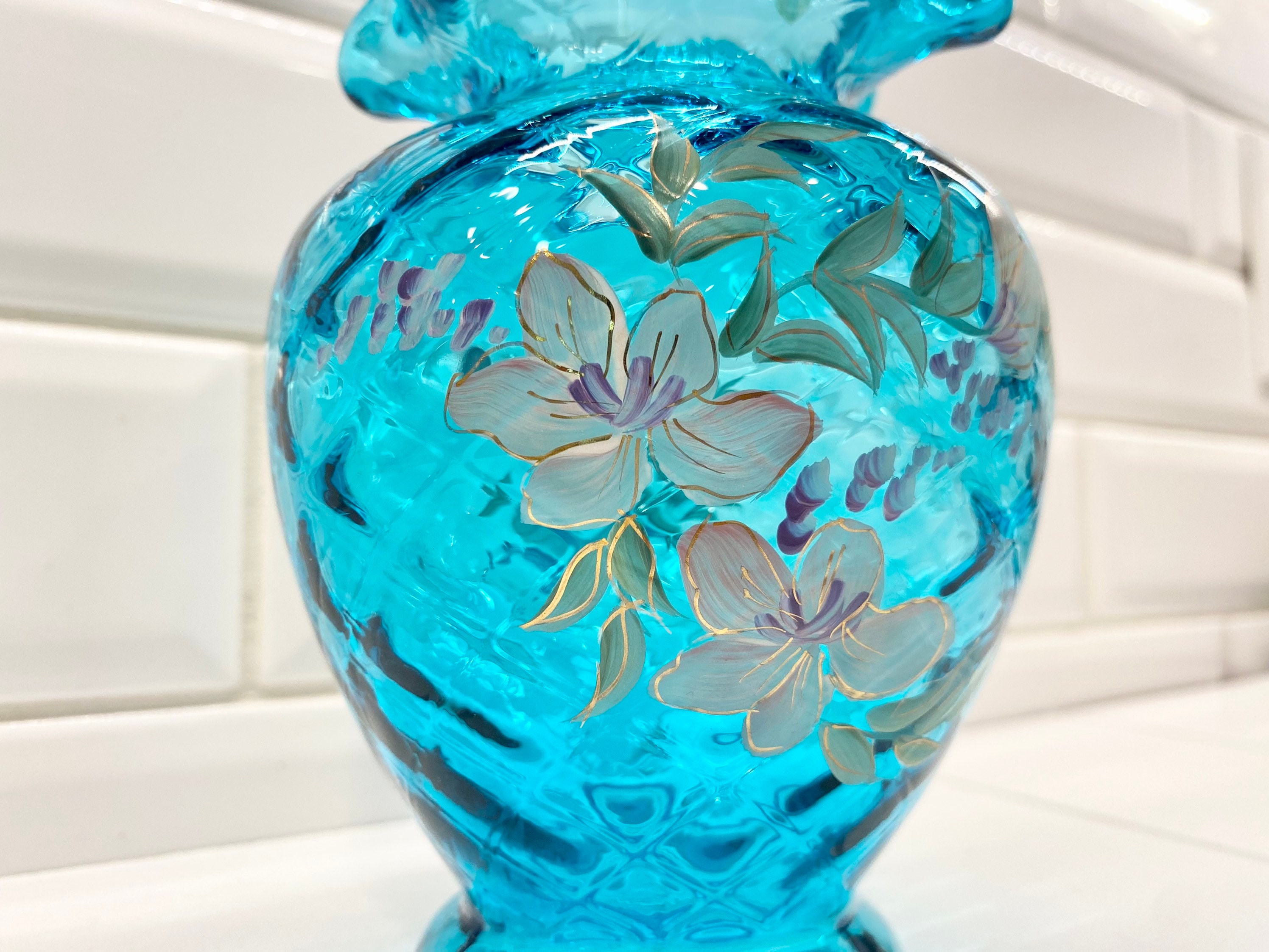 フェントン　ハンドペイント　ブルー チューリップ ガラス バスケット ヴィンテージ フェントン ブルー ハンドペイント フローラル フリル