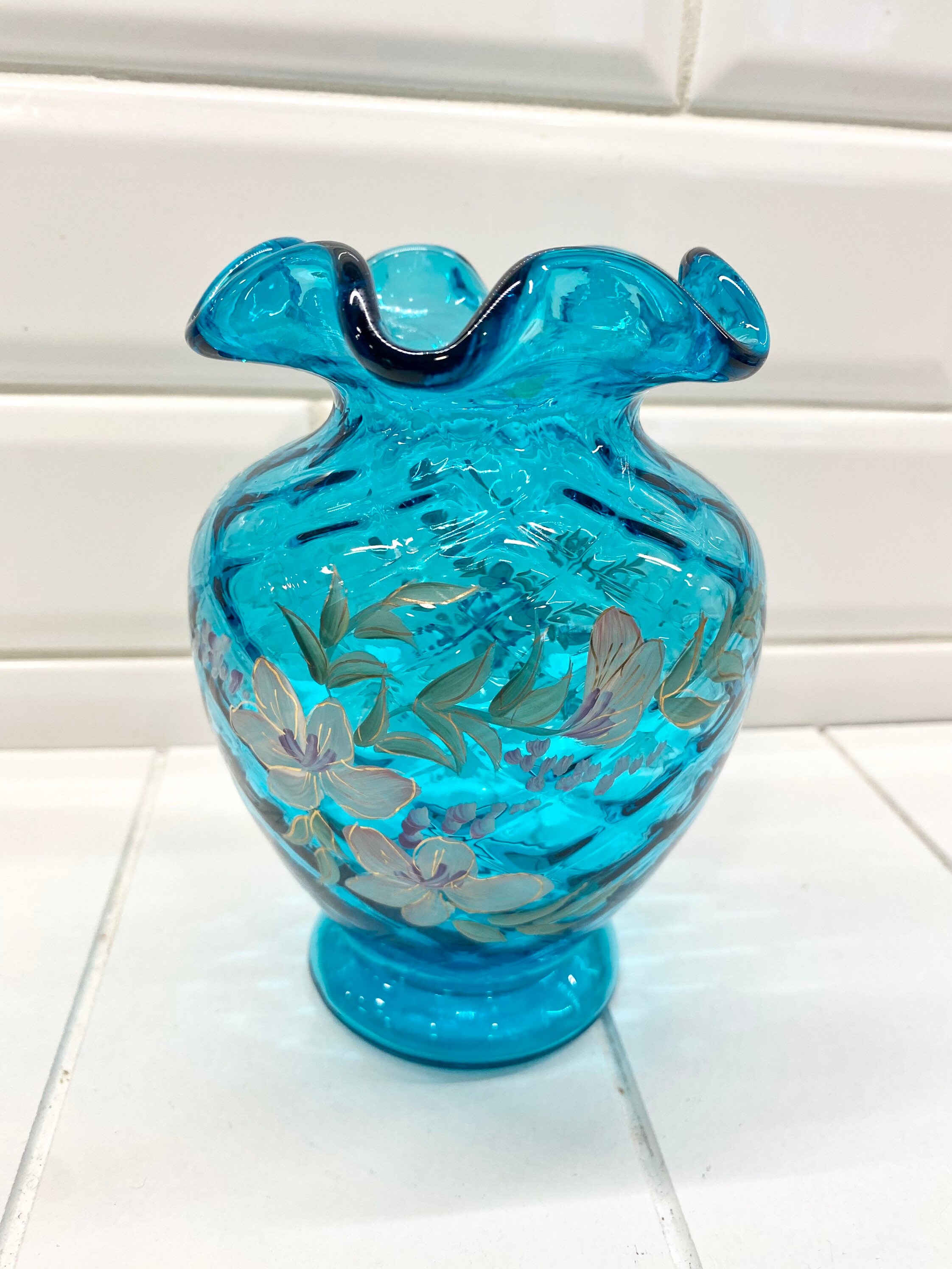 ヴィンテージ フェントン ブルー ハンドペイント フローラル フリル