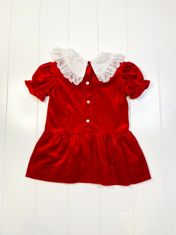 Vintage Red Velvet and Lace Girls Dress, 1980s La… - image 7