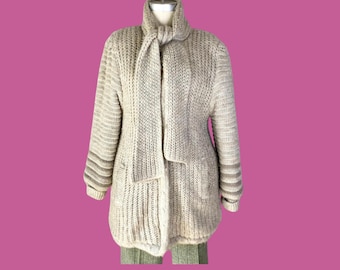 Manteau vintage en maille de mohair entièrement doublé avec écharpe, taille M