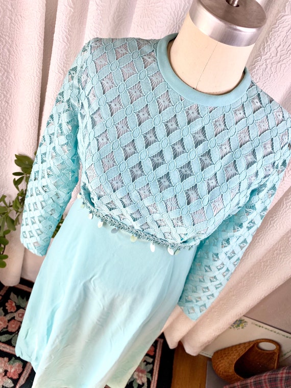 Vintage Turquoise Crochet Knit Top Prom Dress, Vi… - image 7