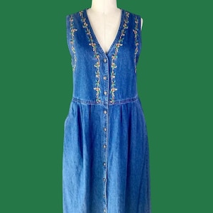 Vintage-Weihnachtskleid aus Denim mit bestickter Schürze, Größe 12