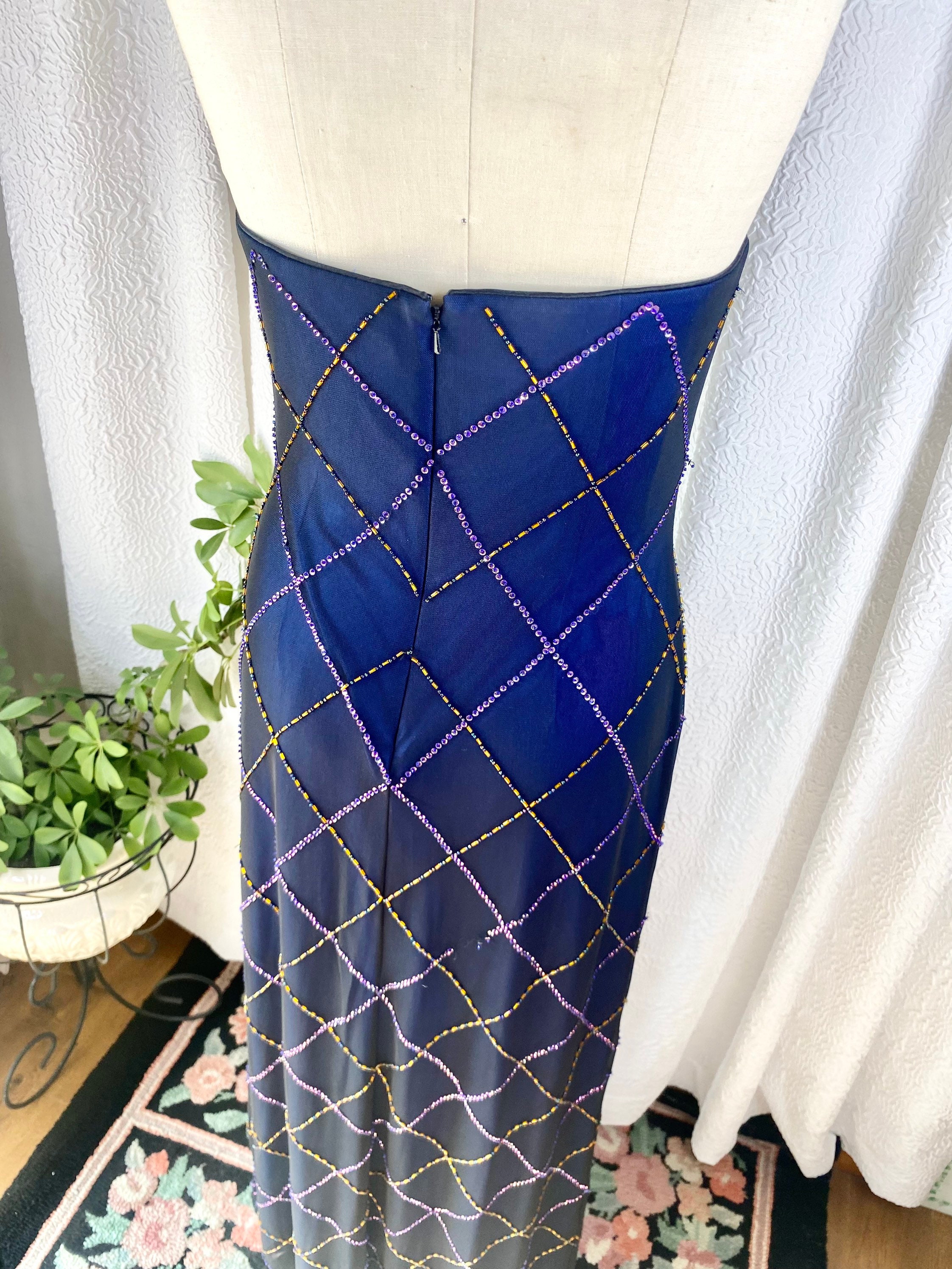 Adrianna Papell☆エレガントなネイビースパンコール模様ドレス Vintage Navy Blue Adrianna Papell Strapless Diamond Beaded