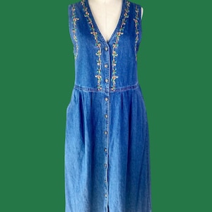 Vintage Denim Christmas Dress, Embroidered Apron Style, Size 12