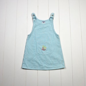 Vintage 5T Oshkosh B&#39;Gosh Gingham Denim Overall Dress with Embroidery, Vintage Floral Oshkosh Dress, Vintage Osh, Made in the USA, Size 5T