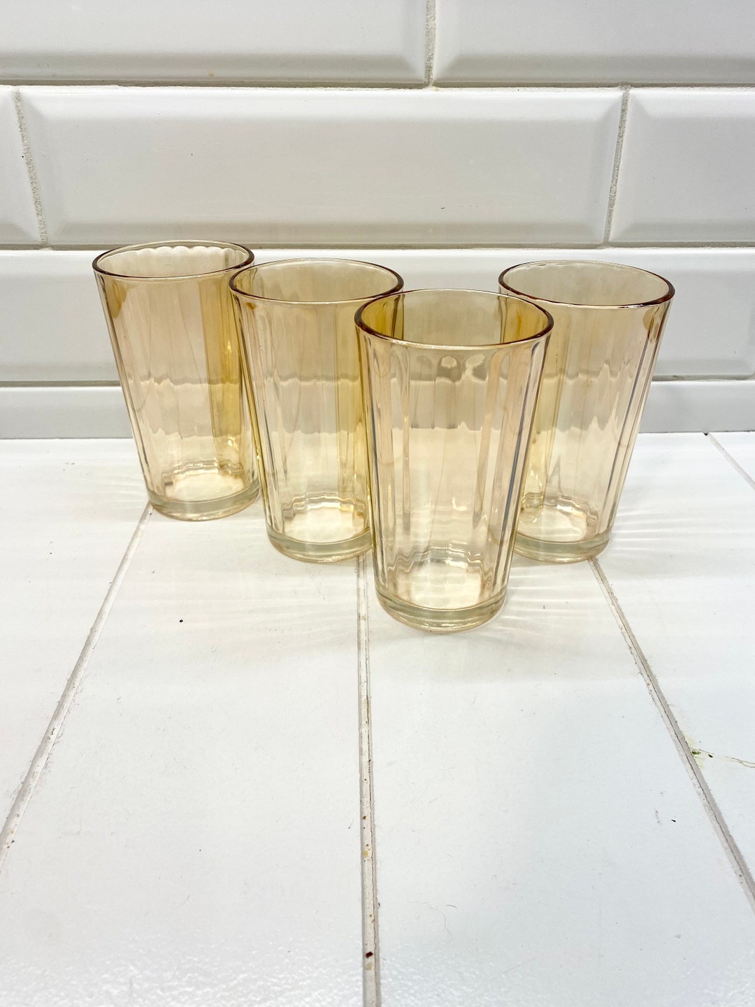 Set of 8 Peach Luster Carnival Glass Tumblers Drinking Glasses