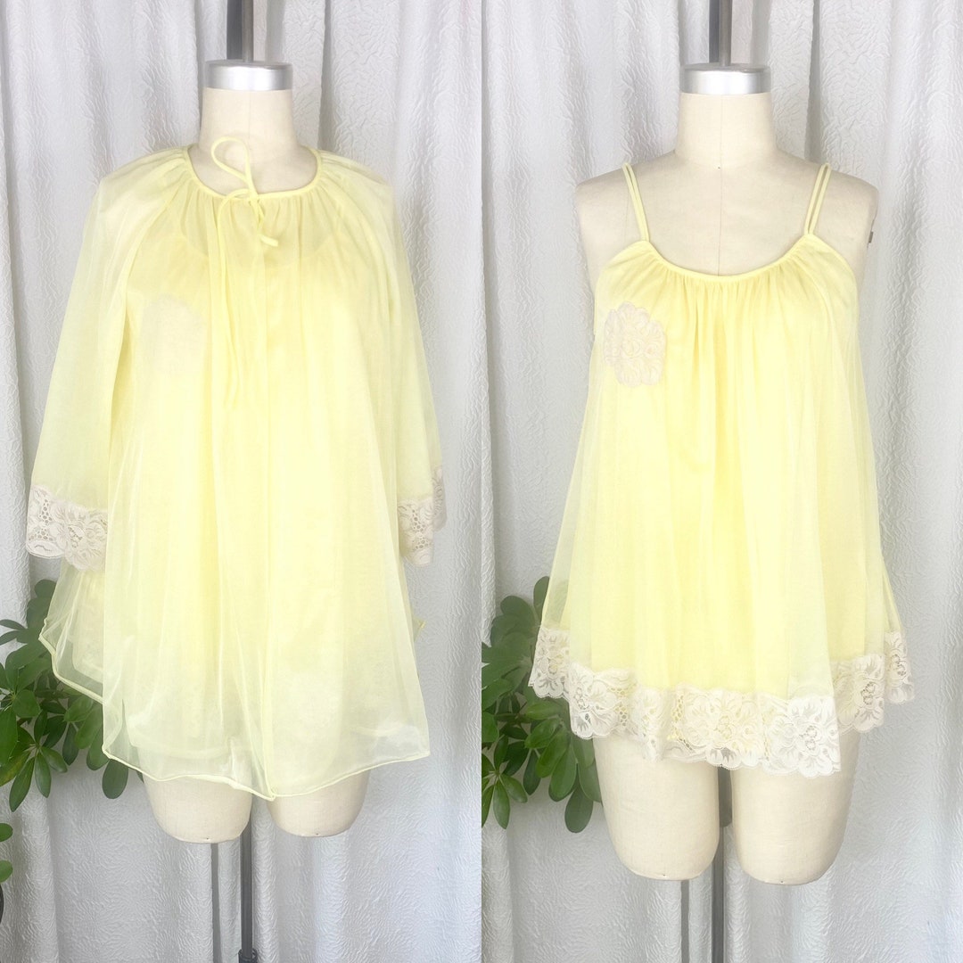 Vintage 1950s Yellow Double Layer Mini Peignoir Set, Vintage Nightgown ...