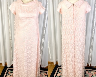 Vintage 1950s Pale Pink Lace Dress, Pale Pink, Empire Waist, Vintage Lace Evening Dress, Vintage 1950s Dress, Size 12