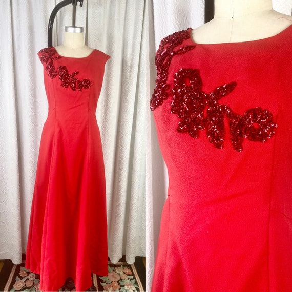 Vintage 1960s Red Beaded Evening Gown, Vintage Re… - image 1