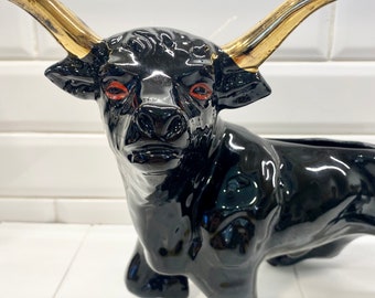 Vintage Mid Century Modern Black Bull Planter With Gold