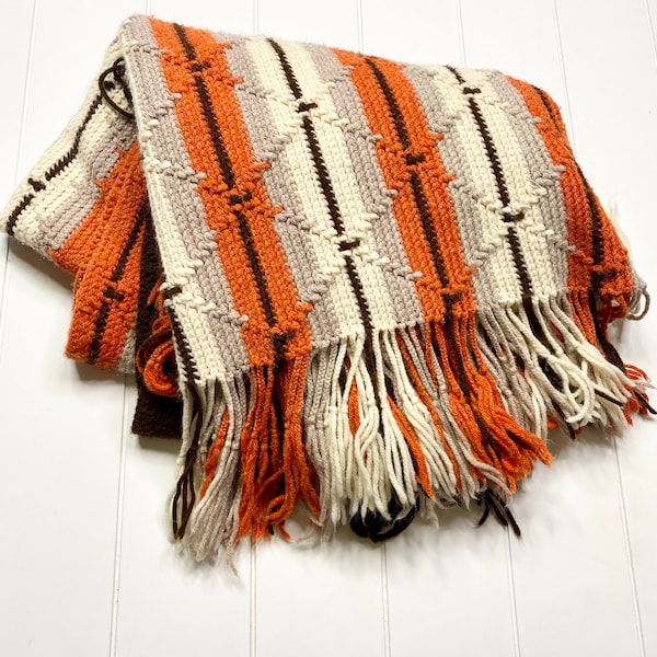 Vintage Handmade Orange and Brown Afghan Throw Blanket, Vintage Crochet Afghan, Vintage Throw Blanket, Western Blanket