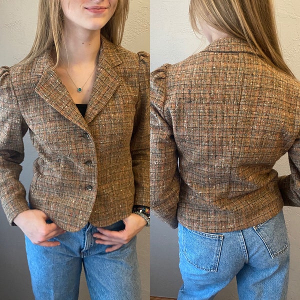 Vintage Plaid Tweed Wool Blazer, Vintage Wool Blazer, Vintage Academia, Houndstooth Blazer, Vintage Wool Blazer, Union Label, Size 7/8