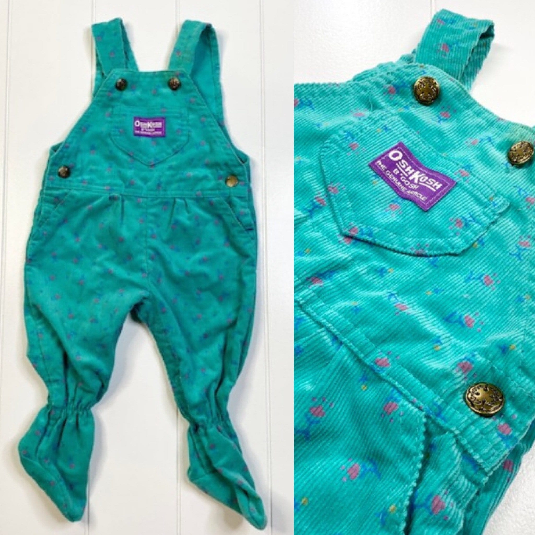 Vintage Oshkosh Bgosh Floral Corduroy Overalls, Teal Footed Jumper