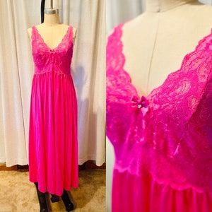 Vintage Fuchsia Rosa Langes Seidiges Nachthemd, Hochzeit Dessous, Pink Nachthemd, Vintage Dessous, Vintage Unterkleid, Größe Medium