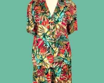 Vintage Rayon Hawaiian Shirt and Short Set, Petite Large, 1980s Tropical Print