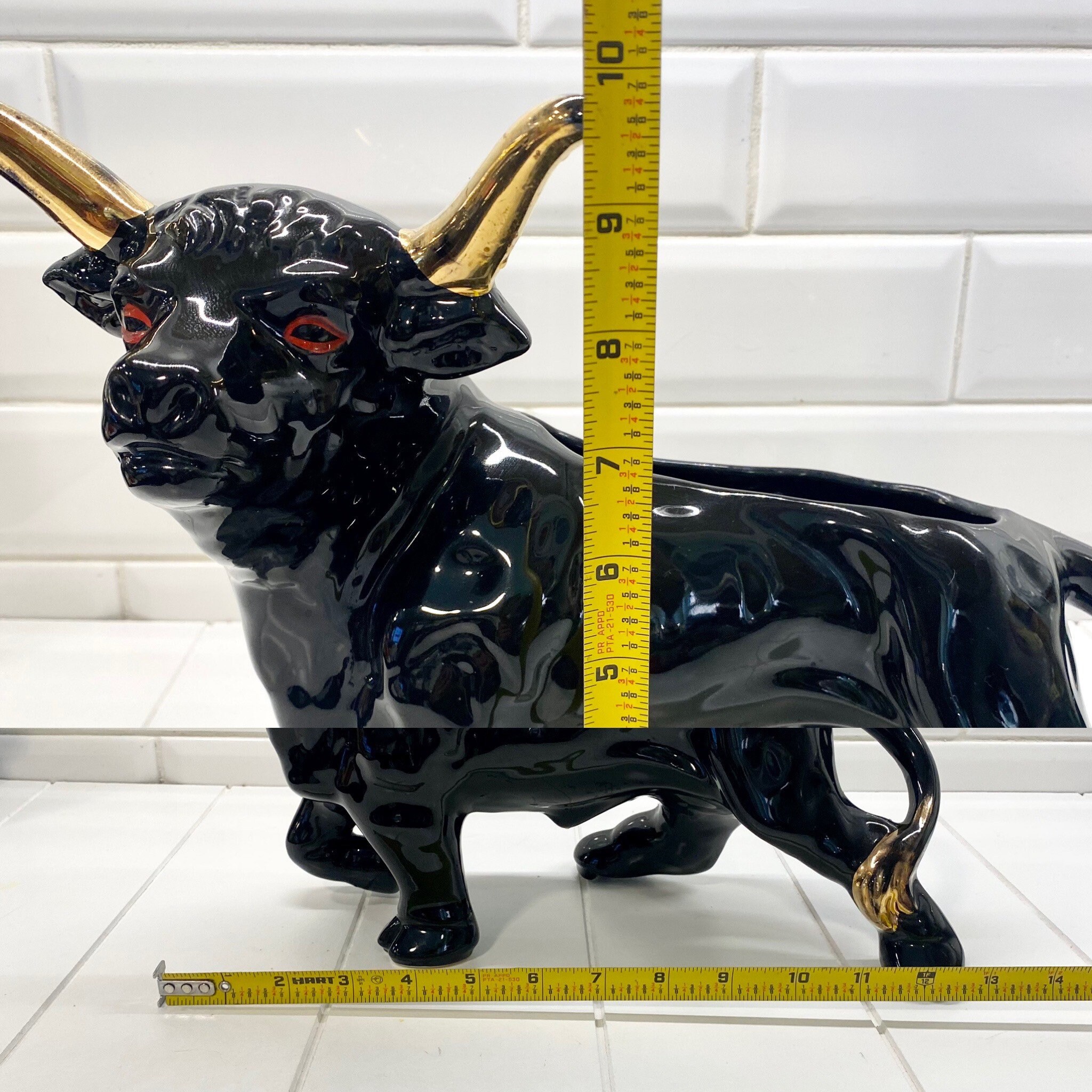 Vintage Mid Century Modern Black Bull Planter With Gold