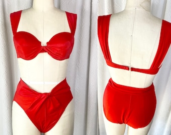 Vintage Red Miraclesuit Two Piece Swimsuit, Vintage Bathing Suit, Vintage Swim Suit, Vintage Red Bikini, High Waist Bikini, Size Large