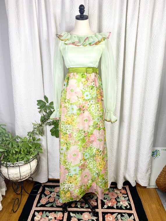 USA vintage flower mint green long dress