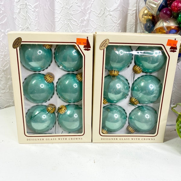 Vintage Christmas by Krebs Santa Fe Blue Glass Ornaments, Vintage Teal Ornaments with Gold Caps, American Made Ornaments, Set of 12