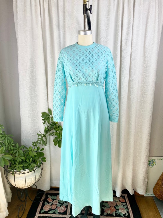 Vintage Turquoise Crochet Knit Top Prom Dress, Vi… - image 3