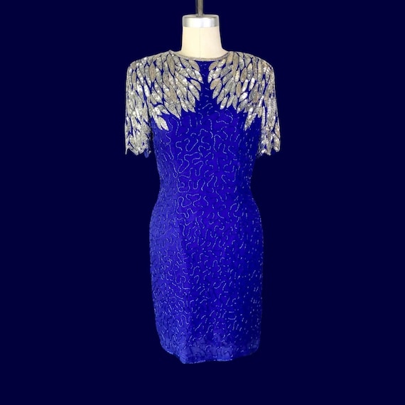 stenay beaded silk dress Vintage Mini Dress, Royal Blue Silver, Size 10 Size:UK 5 / EU 38 / US 7 Size Large breezy Unique Snowflake Tulle Floral
