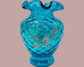 Vintage Fenton Blue Glass Vase, Hand Painted Floral Ruffle Top