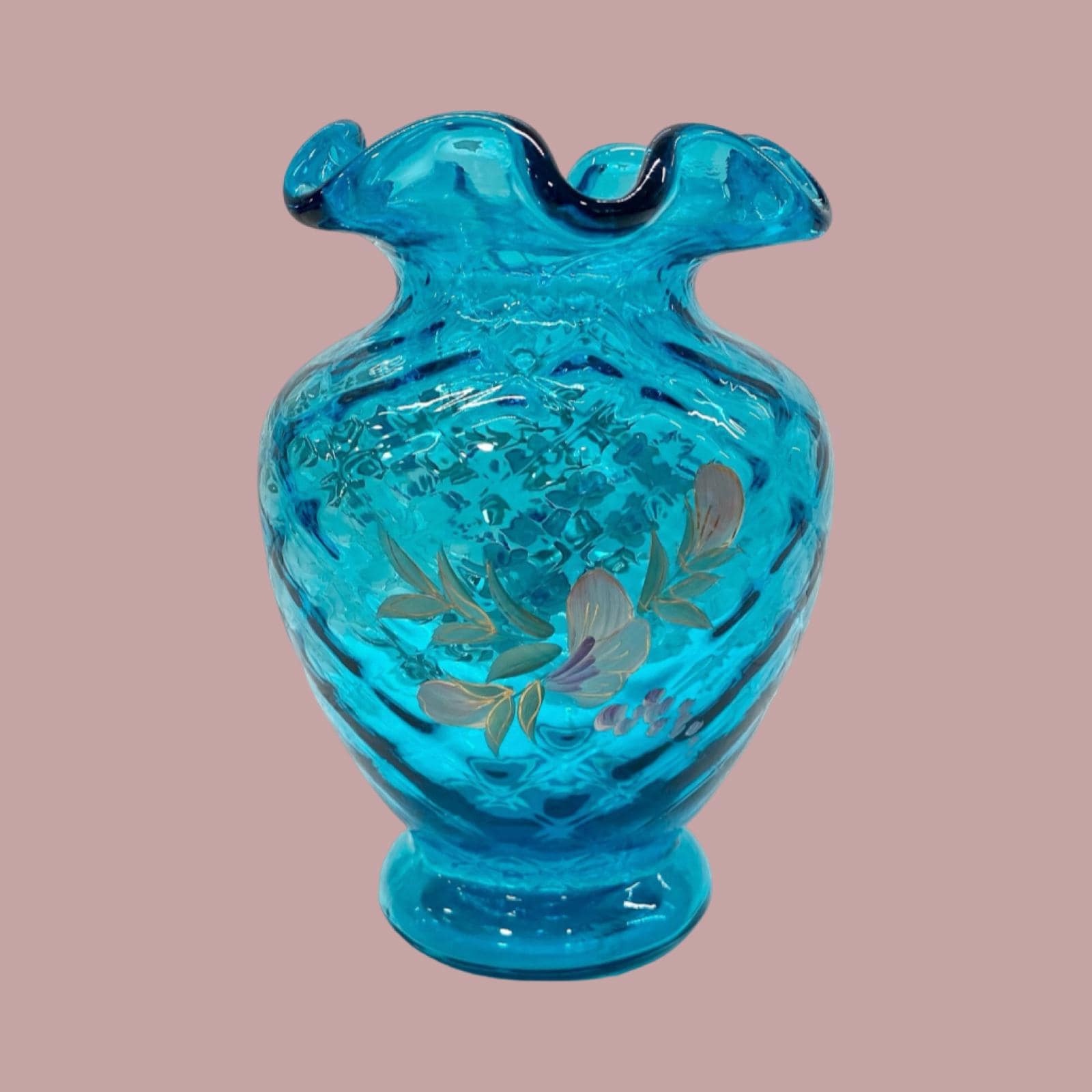 Vintage Fenton Blue Glass Vase, Hand Painted Floral Ruffle Top