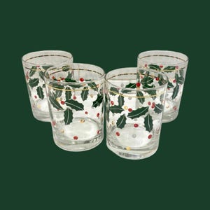 Vintage Culver 22K Gold Holly Berry Highball Glasses, Set of 4, MCM Barware