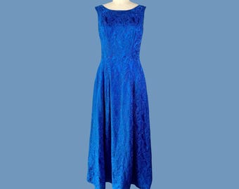 Vintage 1960s Sapphire Blue Brocade Gown, Evening Gown, Mother of the Bride, Size M
