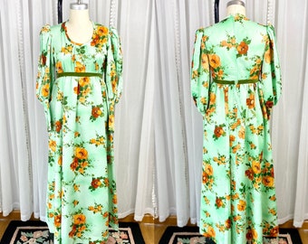 Vintage 1970s Green Floral Boho Maxi Dress, Vintage Maxi Dress, Festival Dress, Empire Waist, Balloon Sleeves, Size XS