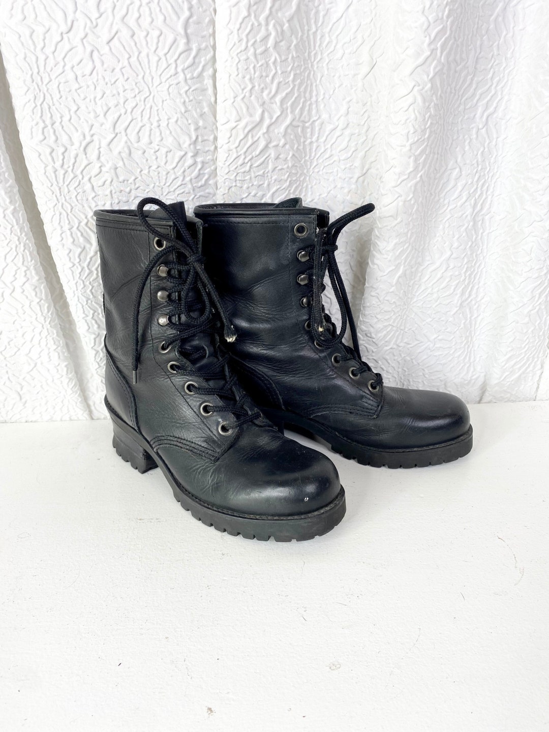 Vintage 90s Y2K Black Leather Nine West Platform Combat Boots, Vintage