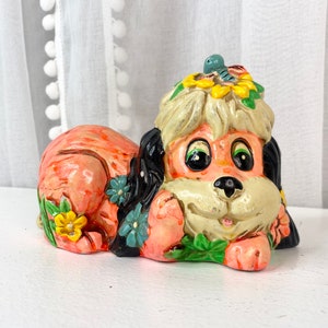 Vintage 1967 Holdiay Fair Bright Color Chalkware Piggy Bank, Vintage Dog Piggy Bank, Vintage Bright Dog Coin Bank, Vintage Dog Pottery
