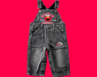 Vintage Elmo Sesame Street University zwarte denim overall, maat: 12 maanden