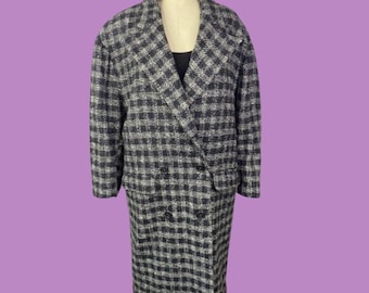Gabardina vintage de doble botonadura de mezcla de lana con estampado de pata de gallo, talla 9/10