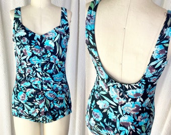 Vintage Blue Floral Maxine of Hollywood One Piece Swimsuit, Vintage Bathing Suit, Vintage Swim Suit, Vintage Swimming Suit